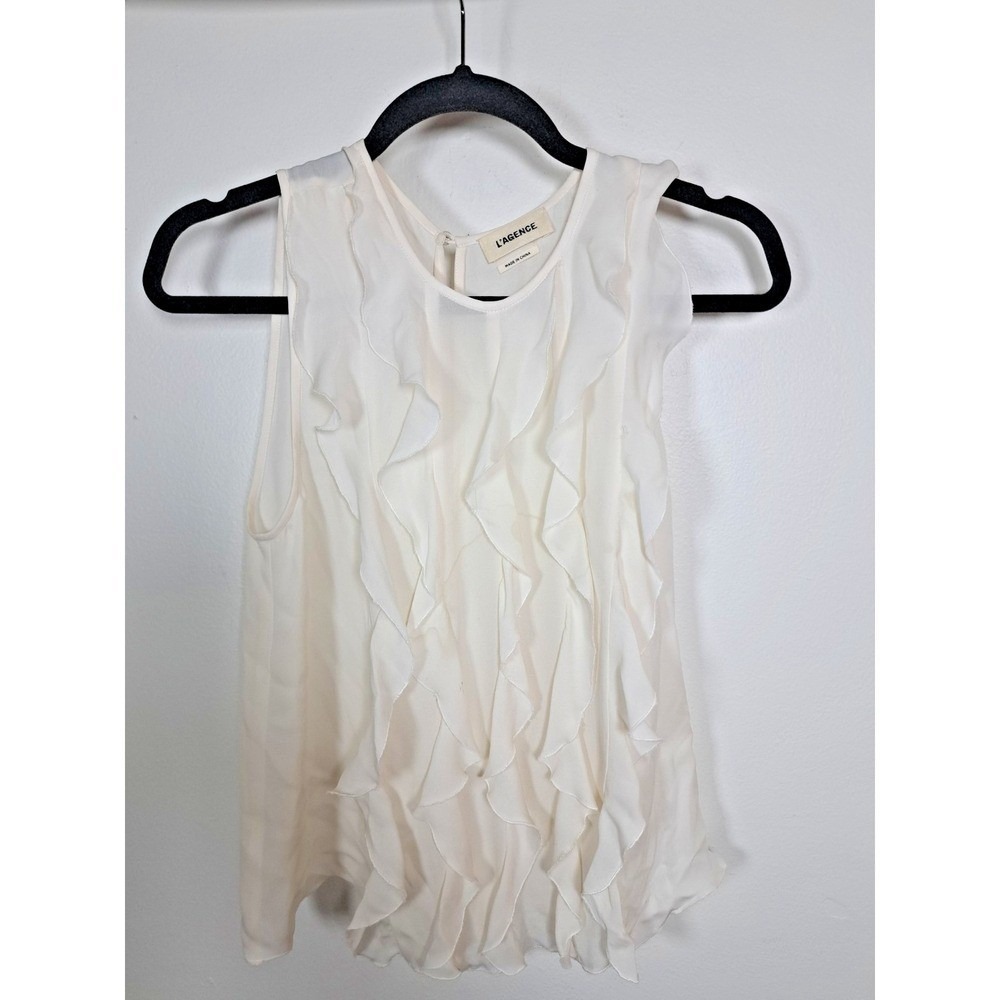 L'AGENCE Off White Ruffle Front Sleeveless Blouse Button Keyhole Back Top - Picture 5 of 9